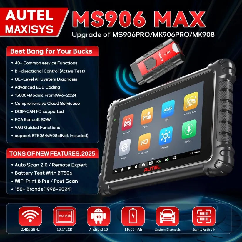 🔥[Hot sale]🔥Autel MS906MAX 2026 Pro All‑Systems Automotive Diagnostic Scanner, 3000+ Active Tests 40+ Service Functions 10 Inch OBD2 Car Scan Tool