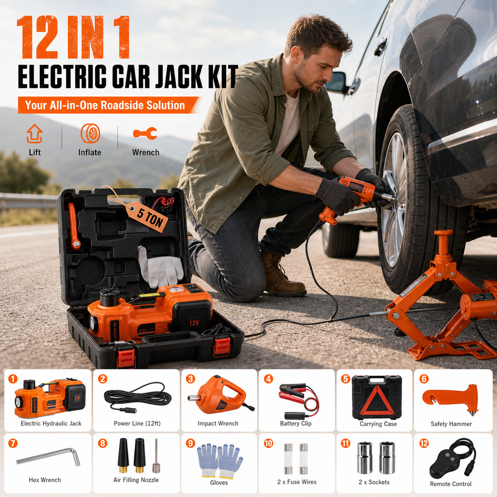 🔥[Hot sale]🔥5 Ton Electric Car Jack Kit with Impact Wrench & Air Pump Heavy‑Duty 12V Auto Emergency Tool Kit for Tire Change Roadside Vehicle Repair