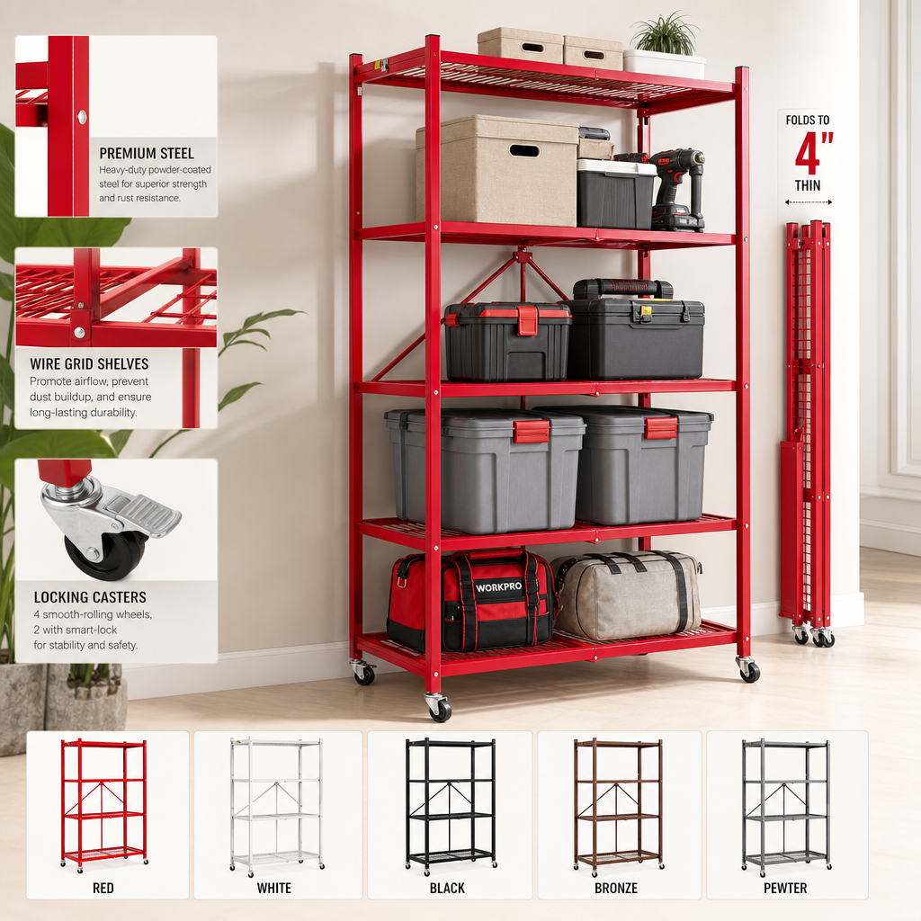 🔥[Hot sale]🔥Pop‑It 4‑Tier Heavy Duty Rolling Folding Storage Rack, Metal Wire Shelving Unit, Multi‑Color Organizer for Home Garage Closet Warehouse,🎁 Buy 2 Get 2 Free 💝