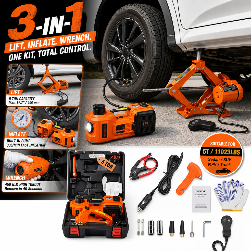🔥[Hot sale]🔥5 Ton Electric Car Jack Kit with Impact Wrench & Air Pump Heavy‑Duty 12V Auto Emergency Tool Kit for Tire Change Roadside Vehicle Repair
