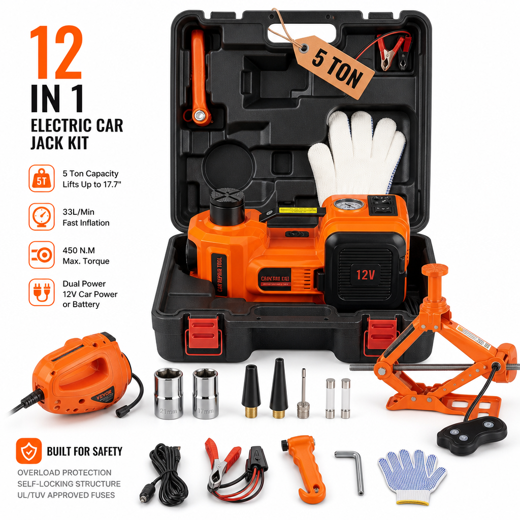🔥[Hot sale]🔥5 Ton Electric Car Jack Kit with Impact Wrench & Air Pump Heavy‑Duty 12V Auto Emergency Tool Kit for Tire Change Roadside Vehicle Repair