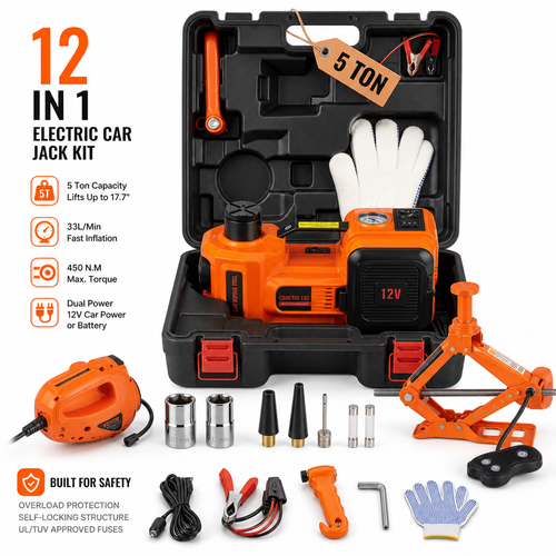 🔥[Hot sale]🔥5 Ton Electric Car Jack Kit with Impact Wrench & Air Pump Heavy‑Duty 12V Auto Emergency Tool Kit for Tire Change Roadside Vehicle Repair