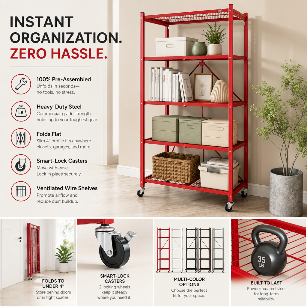 🔥[Hot sale]🔥Pop‑It 4‑Tier Heavy Duty Rolling Folding Storage Rack, Metal Wire Shelving Unit, Multi‑Color Organizer for Home Garage Closet Warehouse,🎁 Buy 2 Get 2 Free 💝