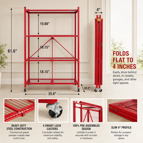 🔥[Hot sale]🔥Pop‑It 4‑Tier Heavy Duty Rolling Folding Storage Rack, Metal Wire Shelving Unit, Multi‑Color Organizer for Home Garage Closet Warehouse,🎁 Buy 2 Get 2 Free 💝